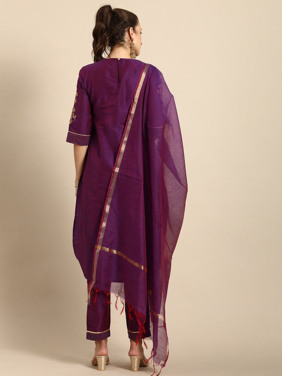 All About You Women Purple Zari Embroidered Regular Kurta with Trousers & Dupatta | Grocsy