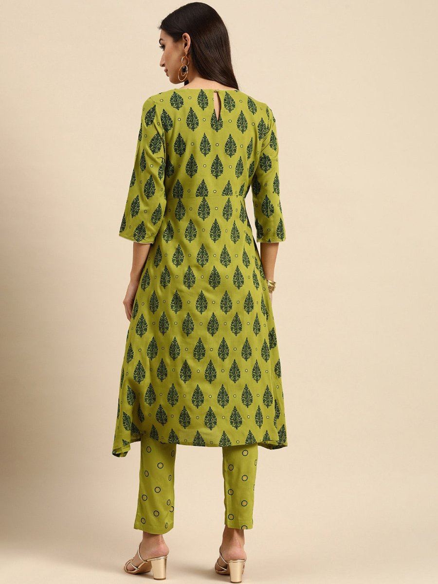 All About You Women Olive Green Ethnic Motifs Printed Empire Kurta with Trousers | Grocsy