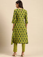 All About You Women Olive Green Ethnic Motifs Printed Empire Kurta with Trousers | Grocsy