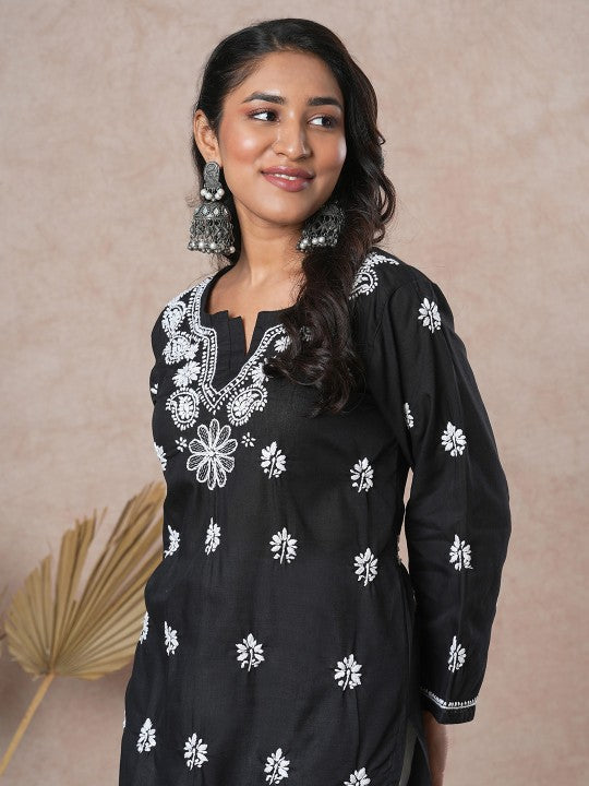 ADA Women Sustainable Black & White Paisley Chikankari Hand Embroidered Straight Kurta | Grocsy