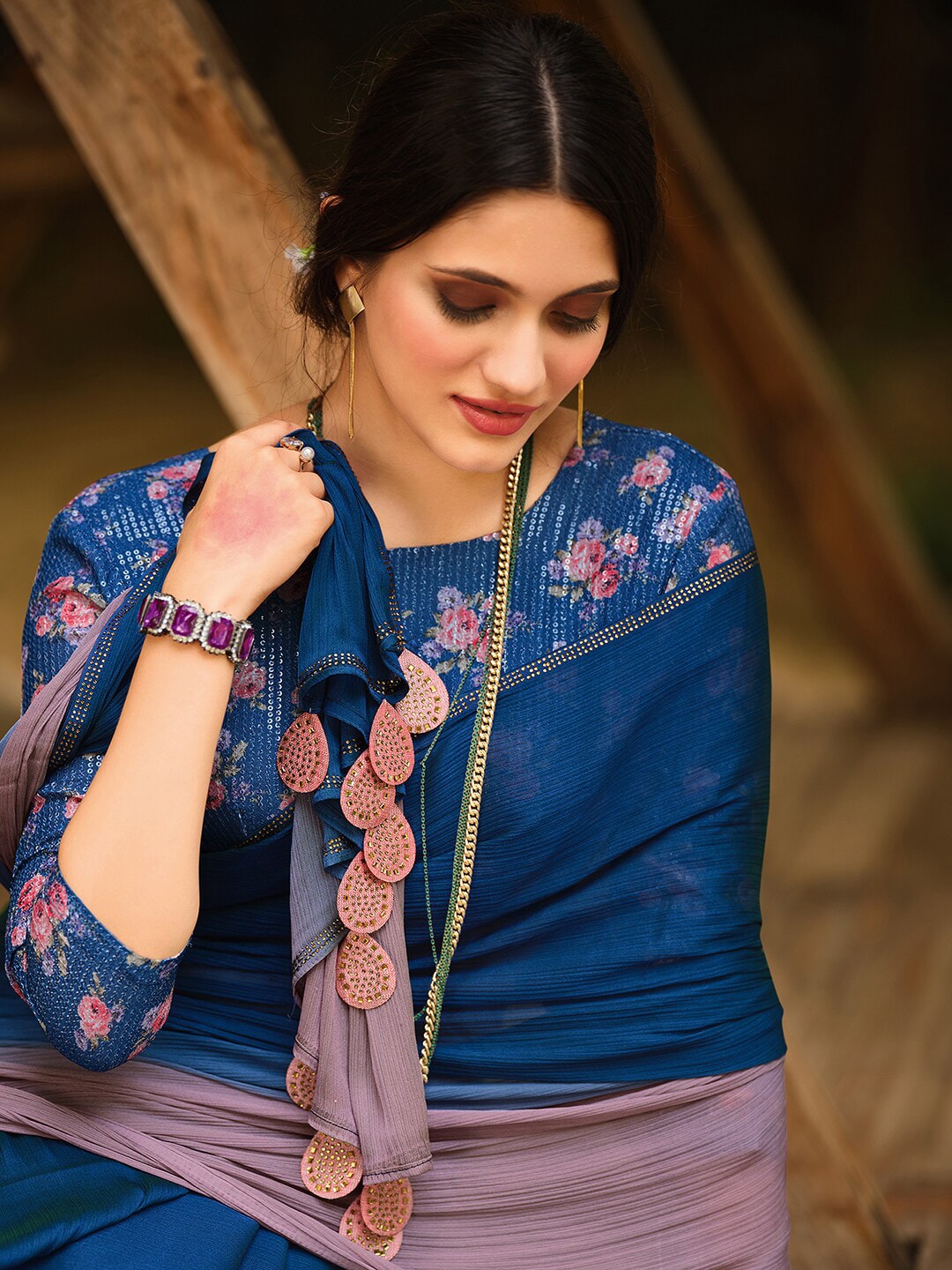 Saree Mall Blue & Mauve Ombre Dyed Sarees | Grocsy
