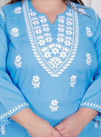Miravan Womens Plus Size Blue Embroidered Kurta With Palazzo | Grocsy