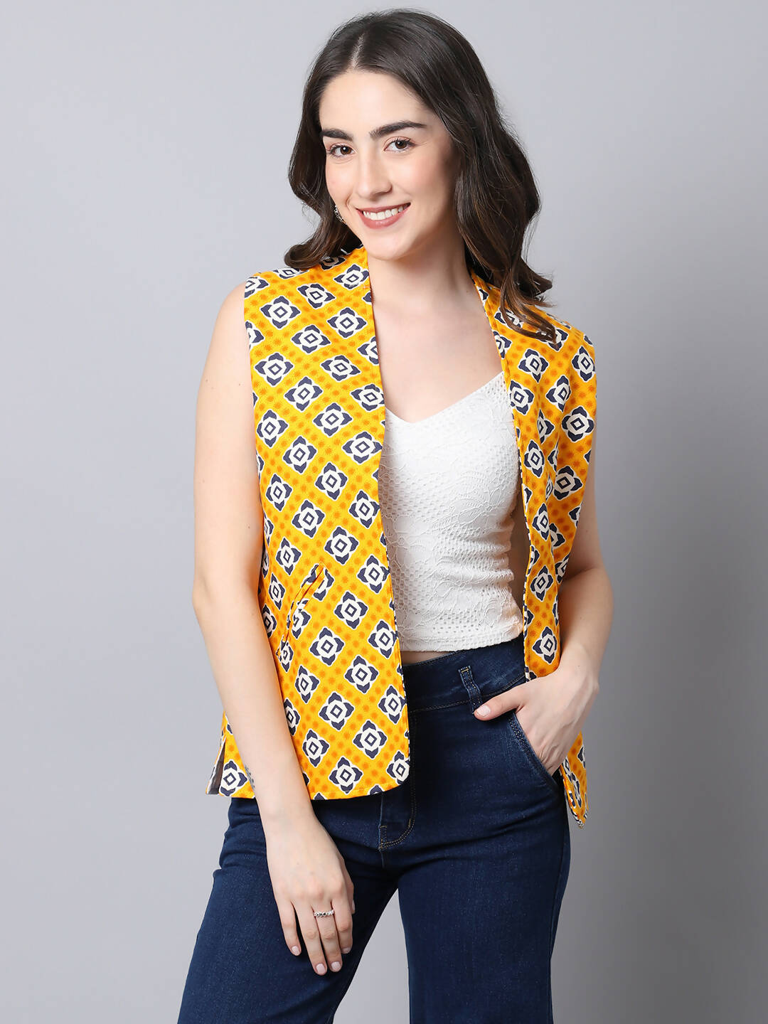 Even Apparels Yellow 100% Viscose Rayon Open Front Gillet | Grocsy