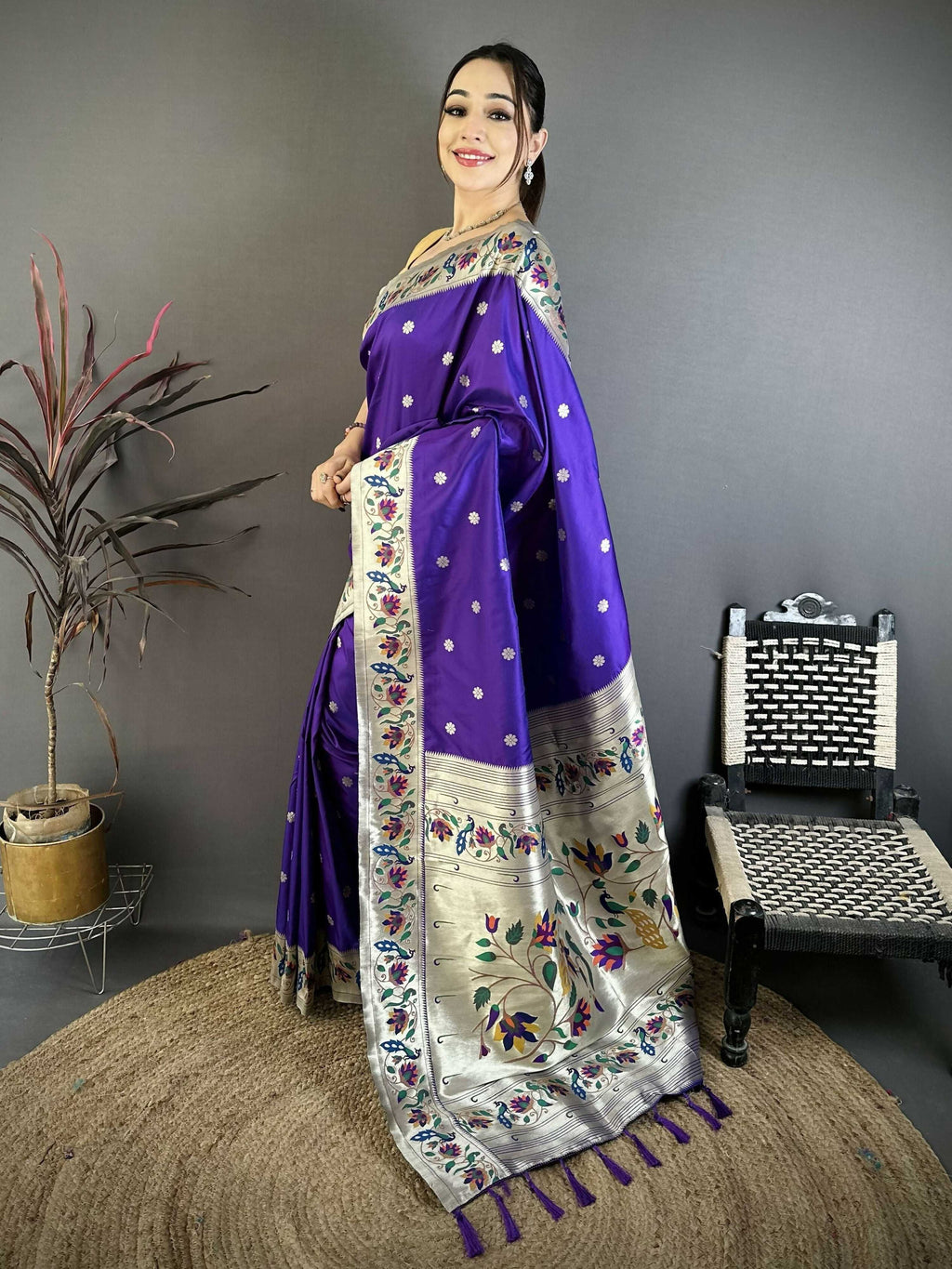 Prime Volt Premium Soft Silk Mayur Paithani Saree with Peacock Meena Weaving & Rich Pallu-Royal Purple | Grocsy
