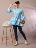 Myshka Women's Blue Embellished Cotton Gathered Party Empire Top | Grocsy