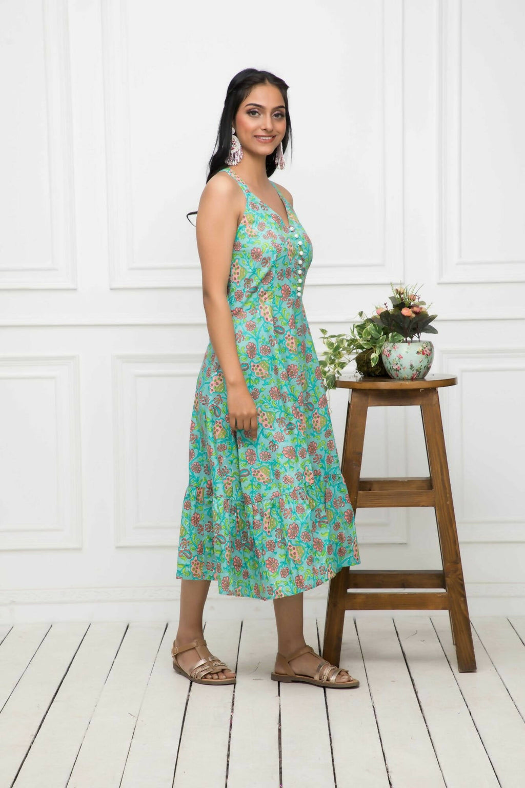 Myshka Women Green Floral Cotton A-Line Round Neck Long Dress | Grocsy
