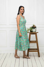 Myshka Women Green Floral Cotton A-Line Round Neck Long Dress | Grocsy