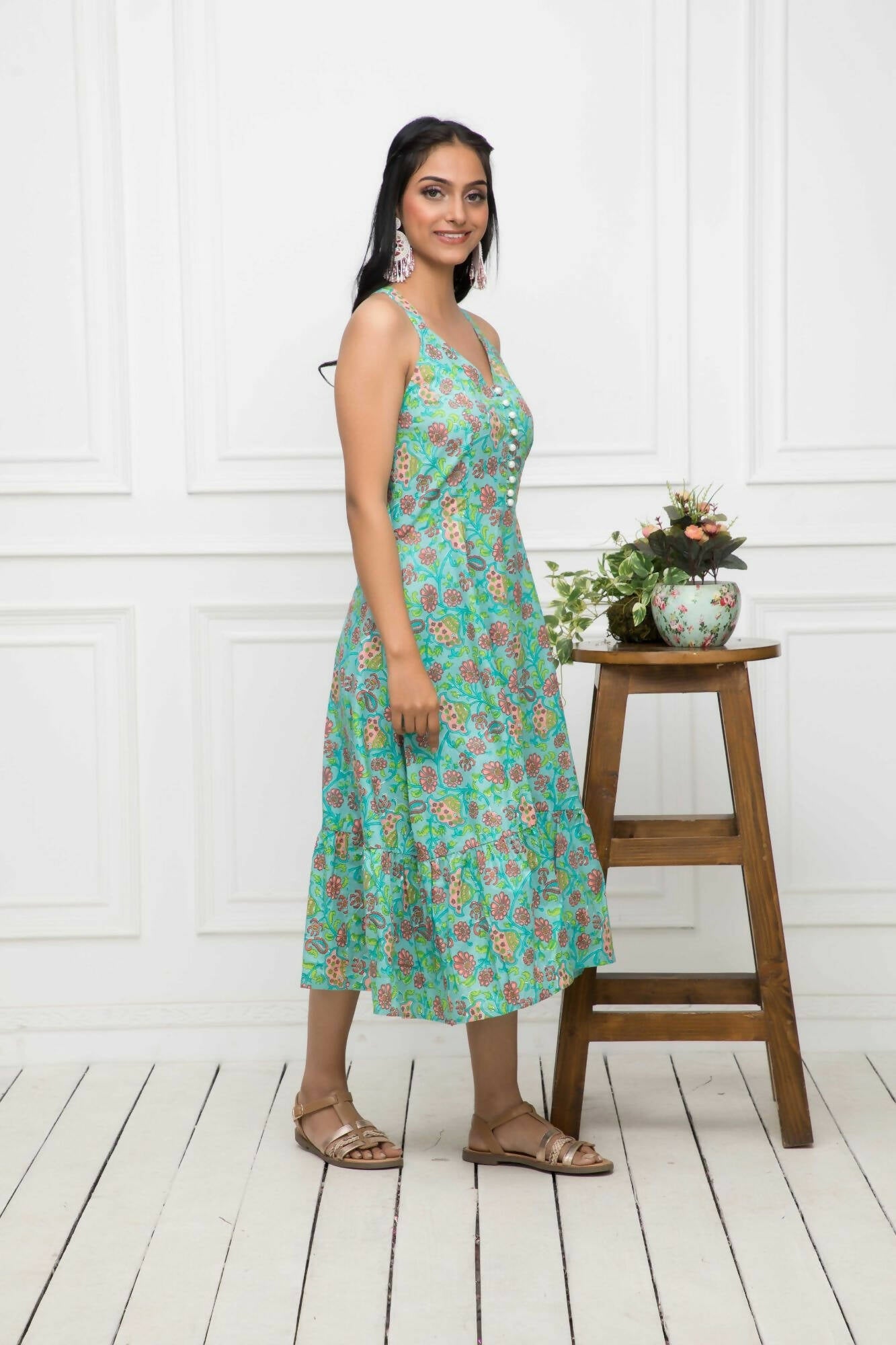 Myshka Women Green Floral Cotton A-Line Round Neck Long Dress | Grocsy