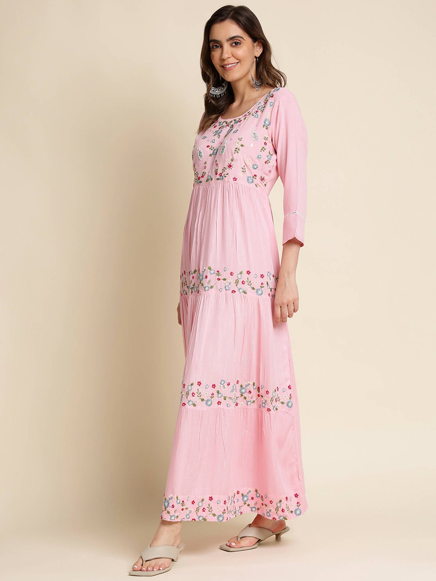 Pink Chinon Floral Embroidered Dress - Nandani | Grocsy