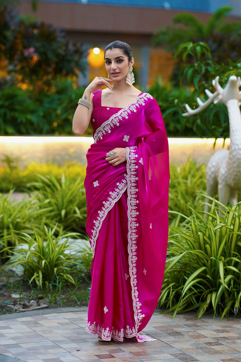 Vastranavya Pink Embroidery Work Shimmer Chiffon Saree with Unstitched Blouse | Grocsy