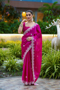 Vastranavya Pink Embroidery Work Shimmer Chiffon Saree with Unstitched Blouse | Grocsy