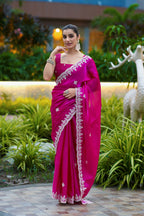 Vastranavya Pink Embroidery Work Shimmer Chiffon Saree with Unstitched Blouse | Grocsy