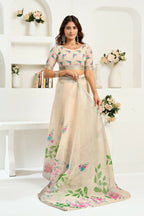 Vastranavya Cream Digital Printed Linen Ready To Wear Designer Saree with Unstitched Blouse | Grocsy
