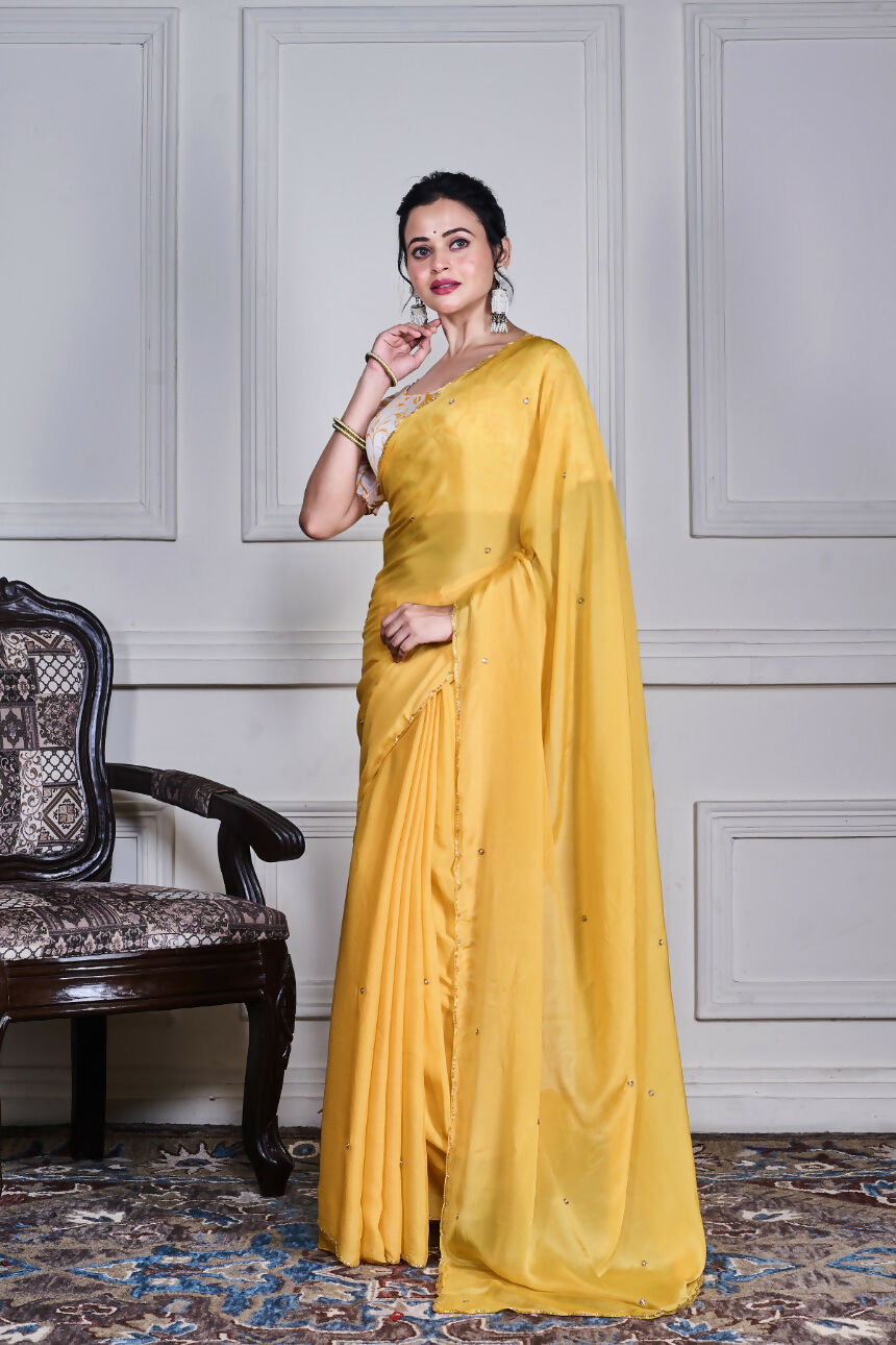 Morchari Yellow Chiffon Hand Embroidery Saree And Stitched Blouse | Grocsy
