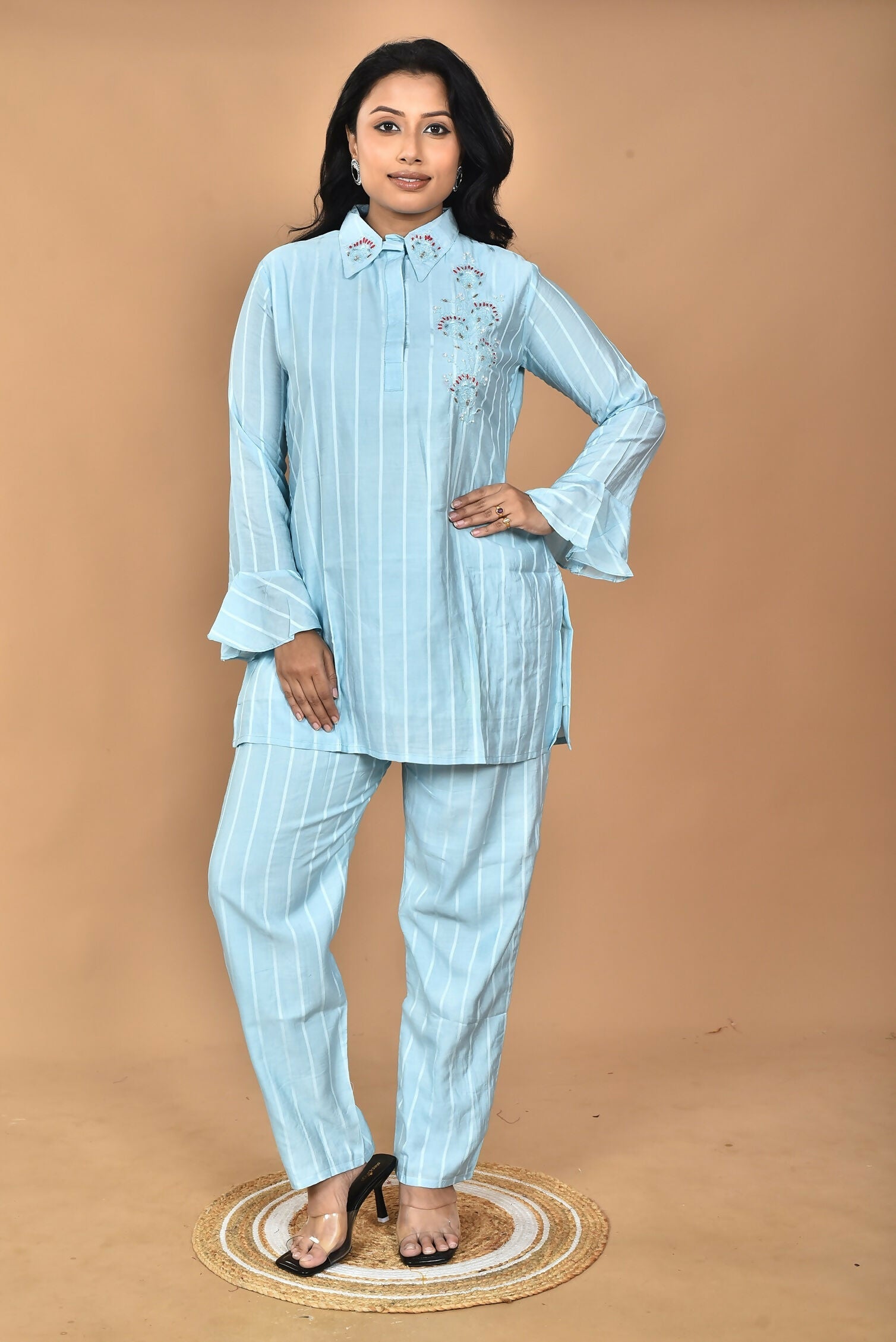 Morchari Women And Hand Embroidery Co-Ords-Sky Blue | Grocsy