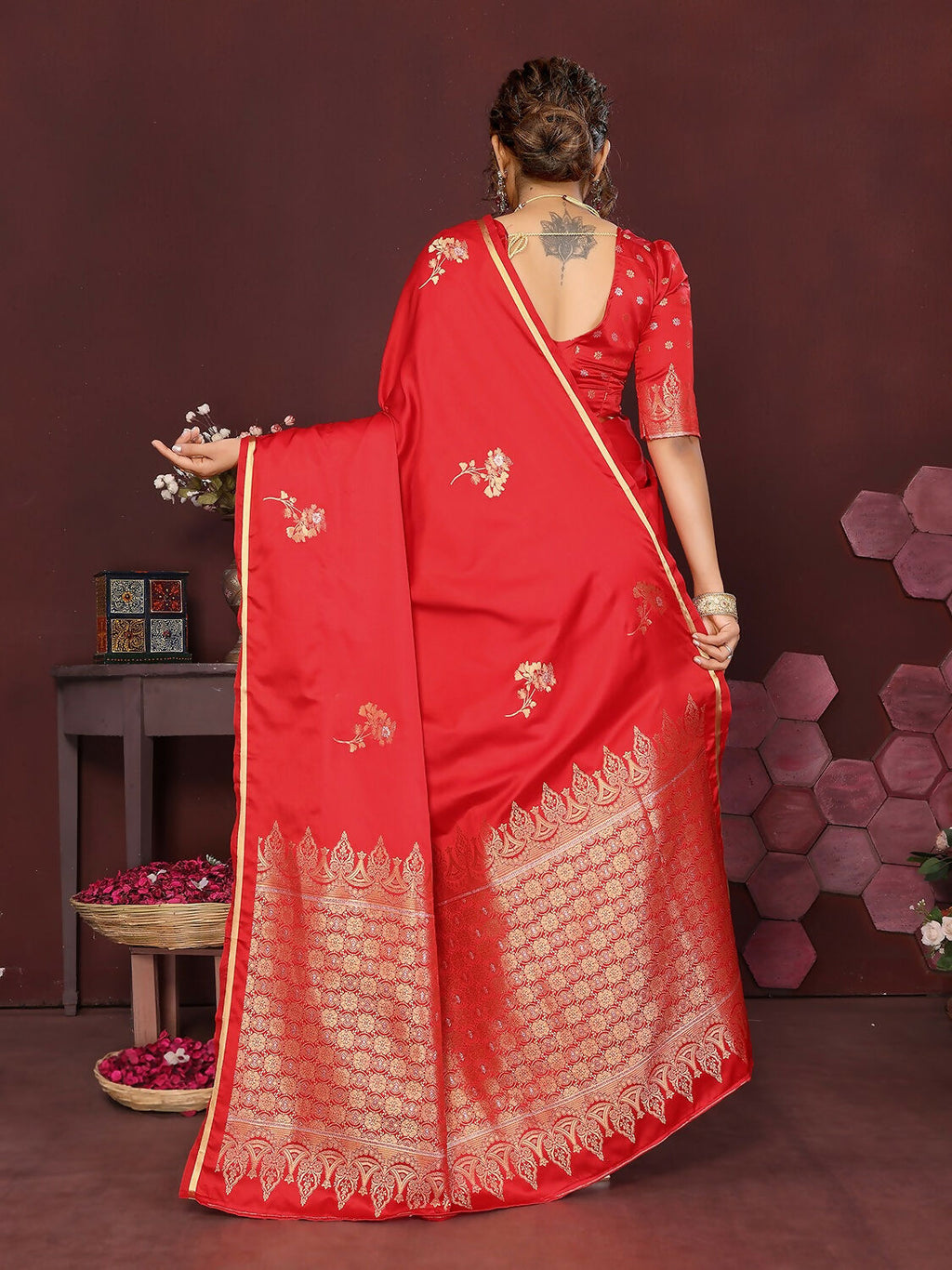 Joban Fashion Red Floral Banarasi Silk Sarees | Grocsy