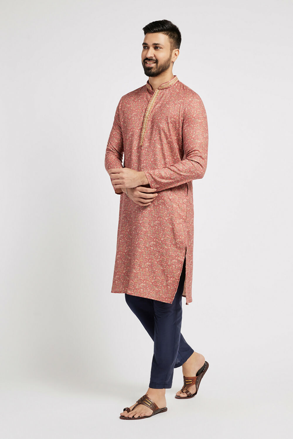 Ethnic India Pink Men's Kurta Floral Polyester | Grocsy