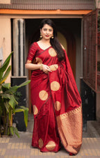 Maroon Silk Woven Saree with Unstitched Blouse - Hiral Fashion | Grocsy