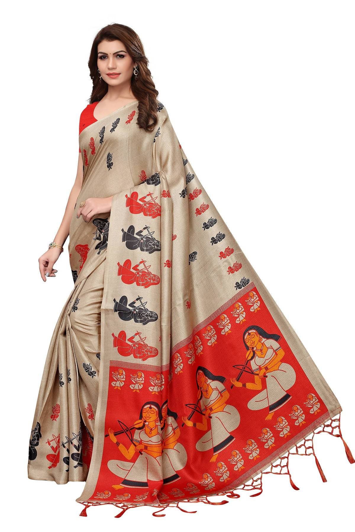 Vamika Chiku & Red Kalamkari With Jhalar Khadi Silk Saree | Grocsy