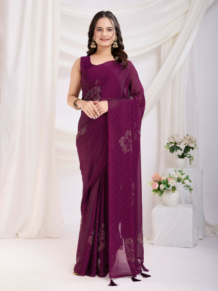 Purple Rangoli Silk Diamond Work Ready To Wear Saree - Tamana | Grocsy