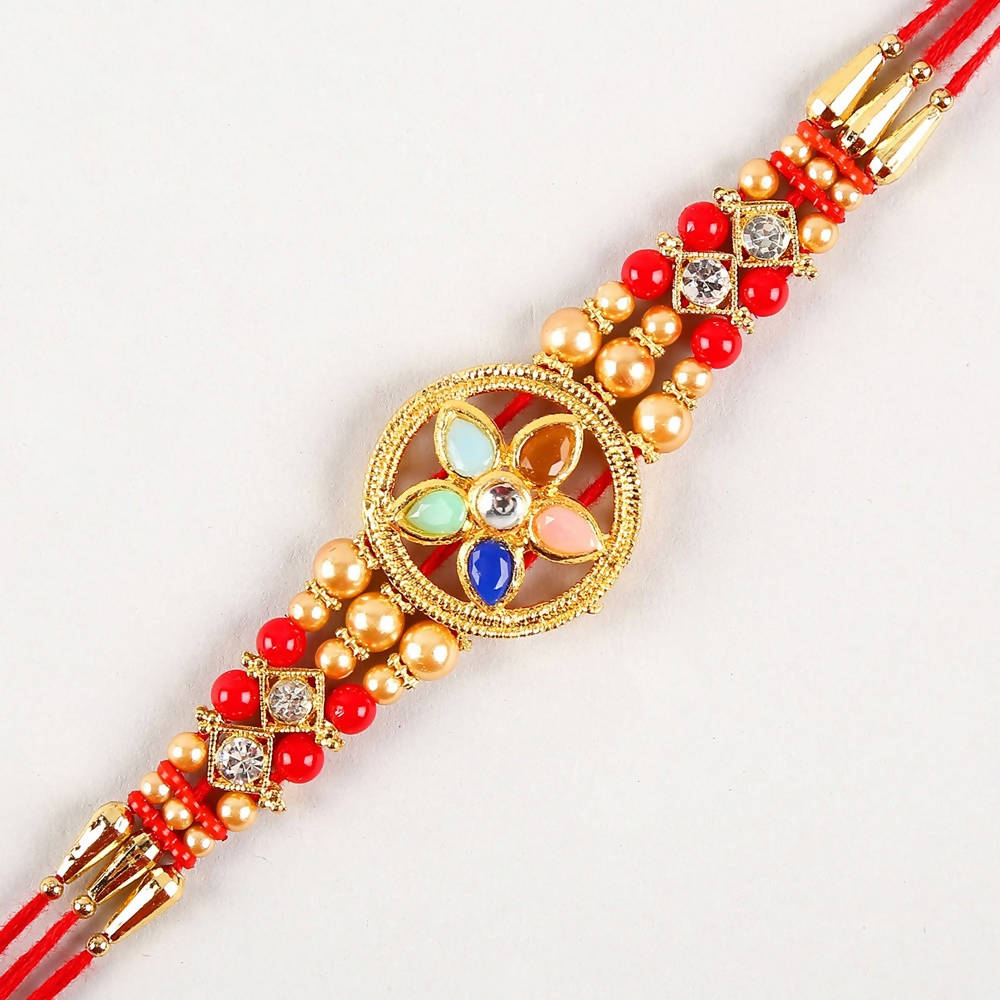 Flower Design Kundan Rakhi And Almonds Jar | Grocsy