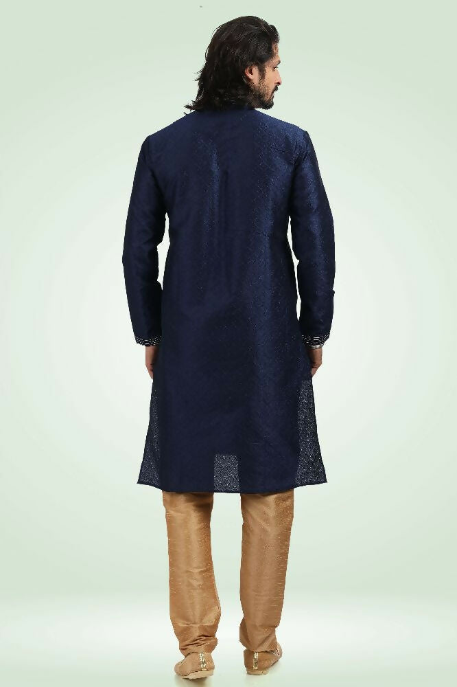 Raivat Ethnic Jacquard Banarasi Silk Pintux Work Kurta Pajama In Blue Colour | Grocsy