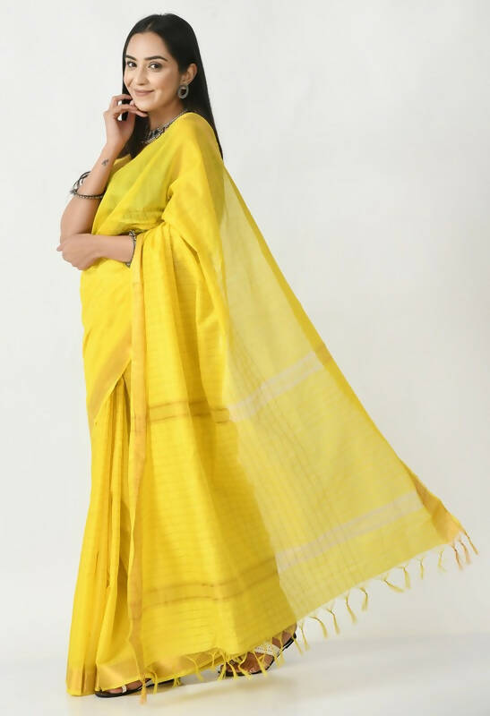Mominos Fashion Moeza Yellow Bhagalpuri Handloom Silk Raj Shree Saree with unstitched Blouse piece | Grocsy