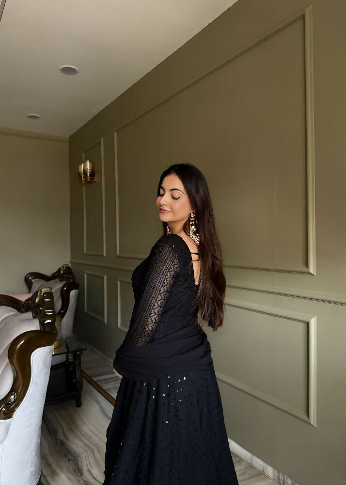Teeya Creation Black Color Faux Georgette Heavy Embroidery Work Functional Wear Gown | Grocsy