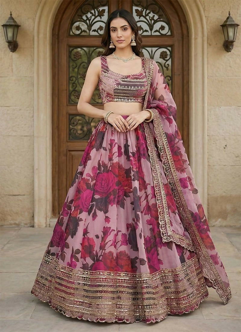 Lehenga Mart Pink Multi Printed Color Organza Designer Bollywood Style Wedding Wear Lehenga Choli | Grocsy