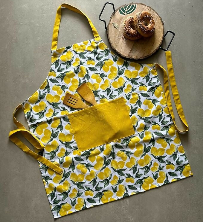Oak & Lily 100% Cotton Kitchen Apron-Lemon Yellow | Grocsy