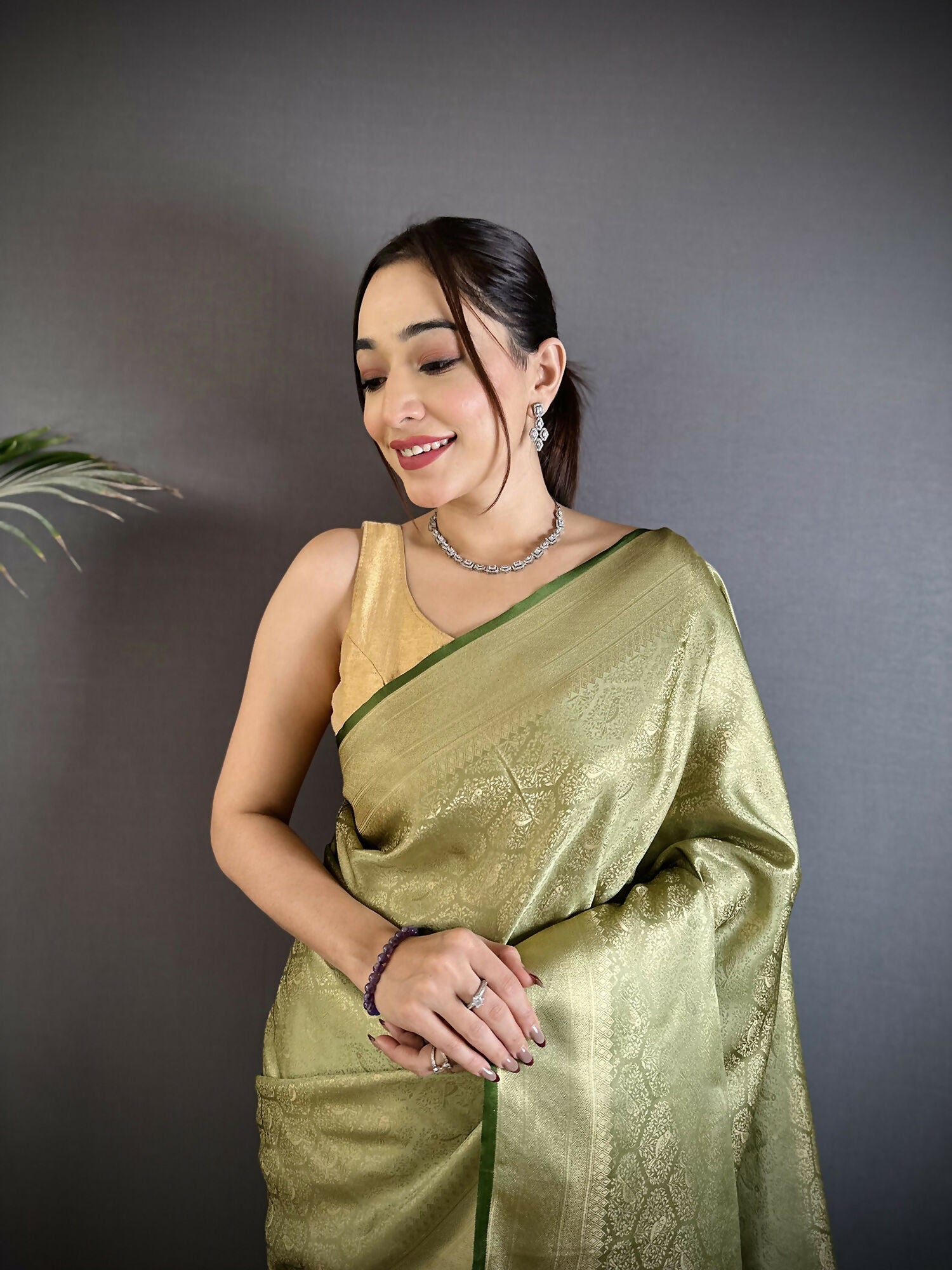 Joban Fashion Dusty Green Paisley & Floral Soft Satin Silk Banarasi Silk Saree | Grocsy