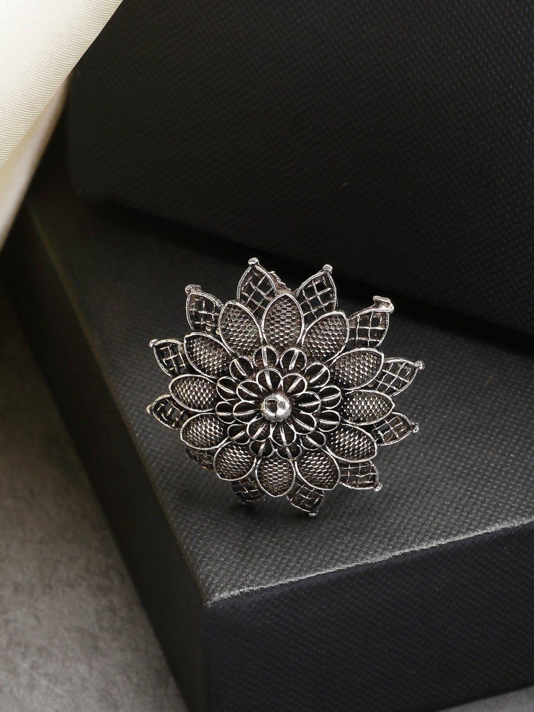 NVR Women's Silver-Toned Floral Shape Adjustable Finger Ring | Grocsy