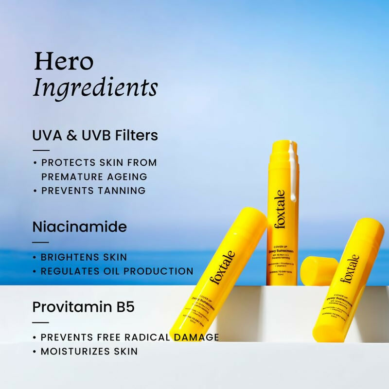 Foxtale Dewy Sunscreen SPF 70 PA++++ With Niacinamide + Provitamin B5 + Vitamin E - Anti-Tan Formula & Spot Depigmentation | Grocsy