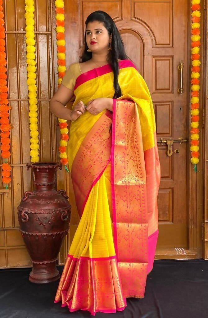 DEIANA'S Beautiful Designer Golden zari Soft Lichi Silk Saree - Yellow | Grocsy