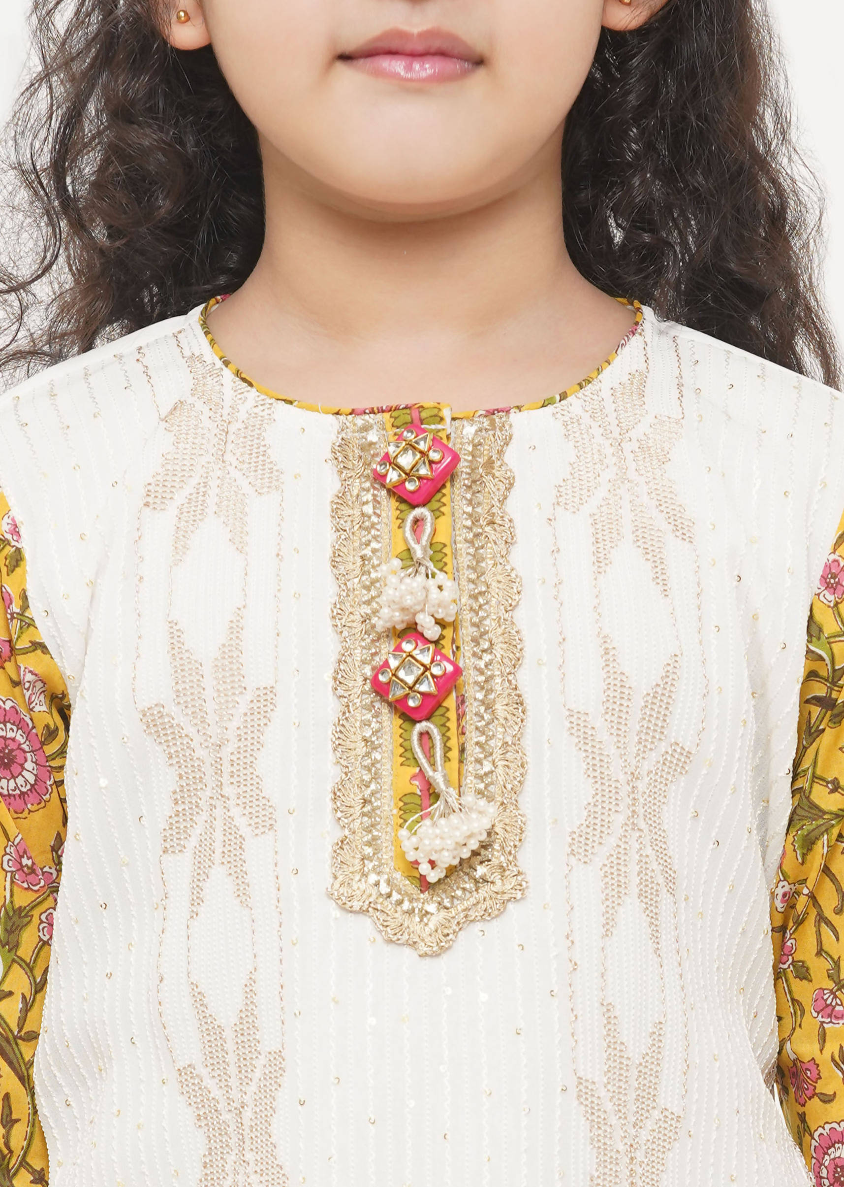 Little Bansi Girls Cotton Embroidery Kurta with floral sharara with Dupatta - White & Yellow | Grocsy
