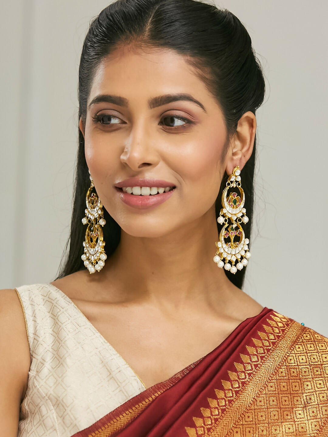 Nuyug 22K Gold-Plated Kundan Studded & Pearl Beaded Layered Chandbalis | Grocsy