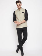 Even Apparels Beige Linen Blend Men Woven Nehru Jacket | Grocsy