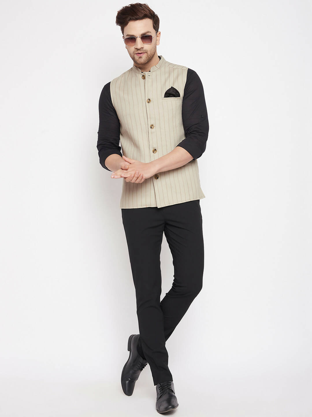 Even Apparels Beige Linen Blend Men Woven Nehru Jacket | Grocsy