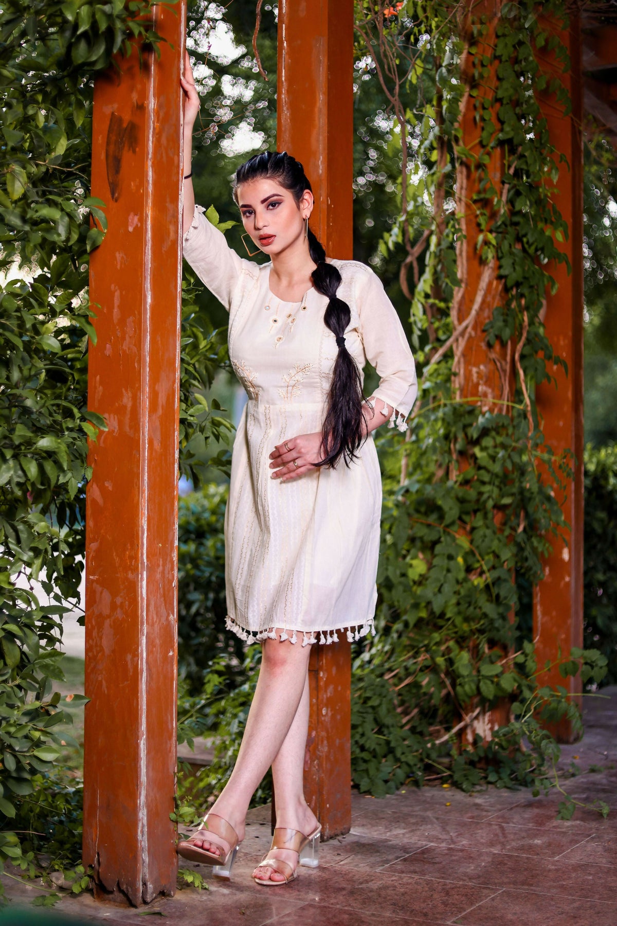 Aayaa Designer Multi Thread Hand Work Khadi Cotton One Piece Dress - Off White | Grocsy
