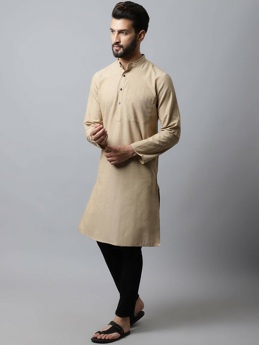 Even Apparels Beige Color Pure Cotton Men's Kurta With Band Collar (SLD1196) | Grocsy