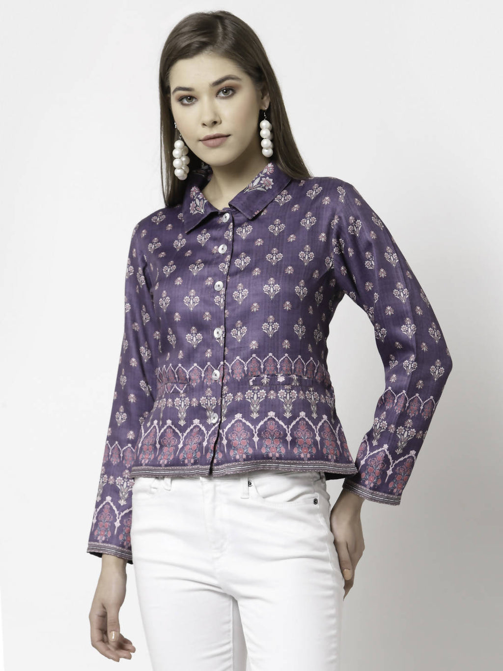 Myshka Women Purple Cotton Blend Printed Full Sleeve Shirt Collar Casual Jacket | Grocsy