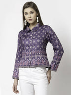Myshka Women Purple Cotton Blend Printed Full Sleeve Shirt Collar Casual Jacket | Grocsy