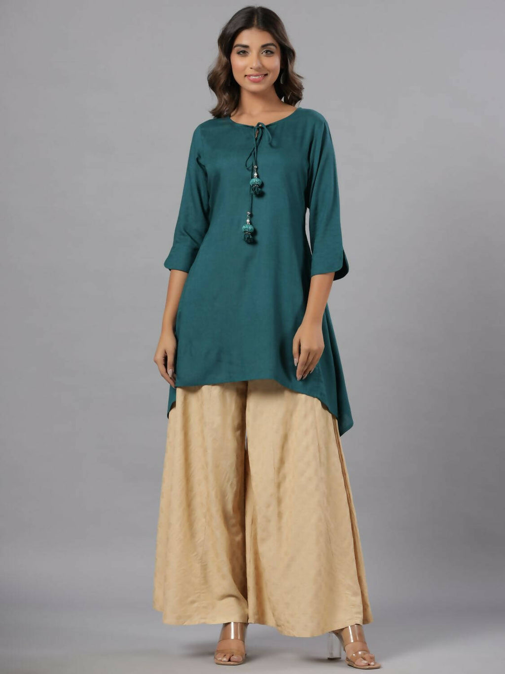 Juniper Women Teal Rayon Solid Asymmetric Kurta | Grocsy