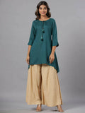 Juniper Women Teal Rayon Solid Asymmetric Kurta | Grocsy