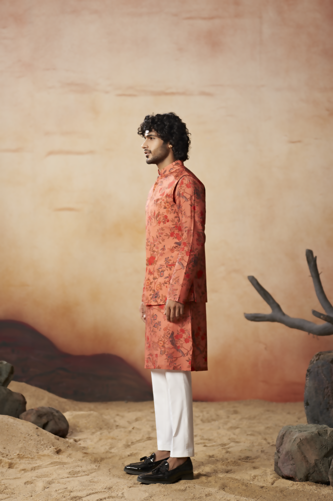 Floral Jal Print Silk Nehru Jacket Set by Hilo Design | Grocsy