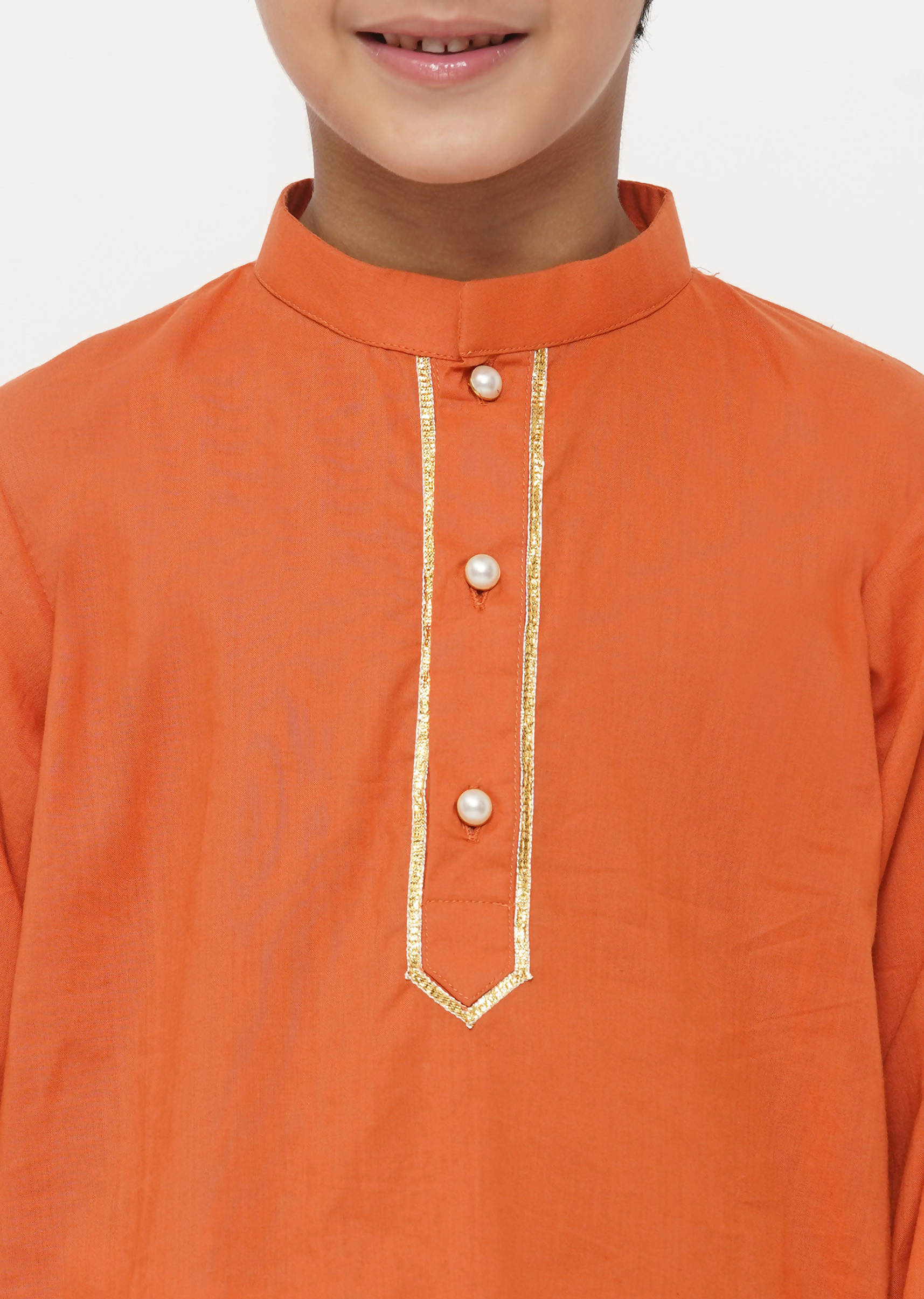 Little Bansi Boys Cotton Kesari Kurta with Pearl Buttons and Pyjama -Orange and Cream | Grocsy