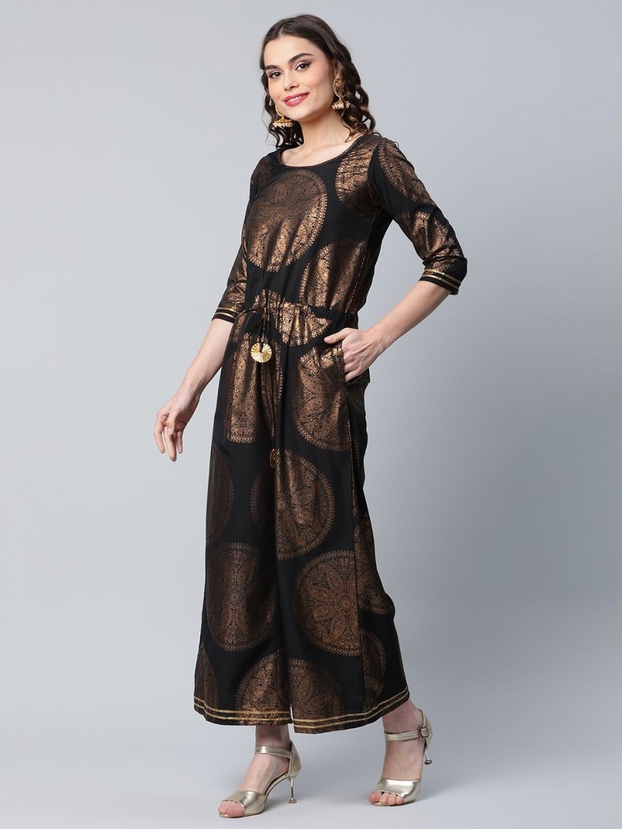 Ahalyaa Black Crepe Copper Foil Printed Jumpsuit | Grocsy
