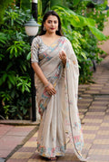 Grey Pure Linen Ethnic Motifs Saree with Unstitched Blouse - Hiral Fashion | Grocsy