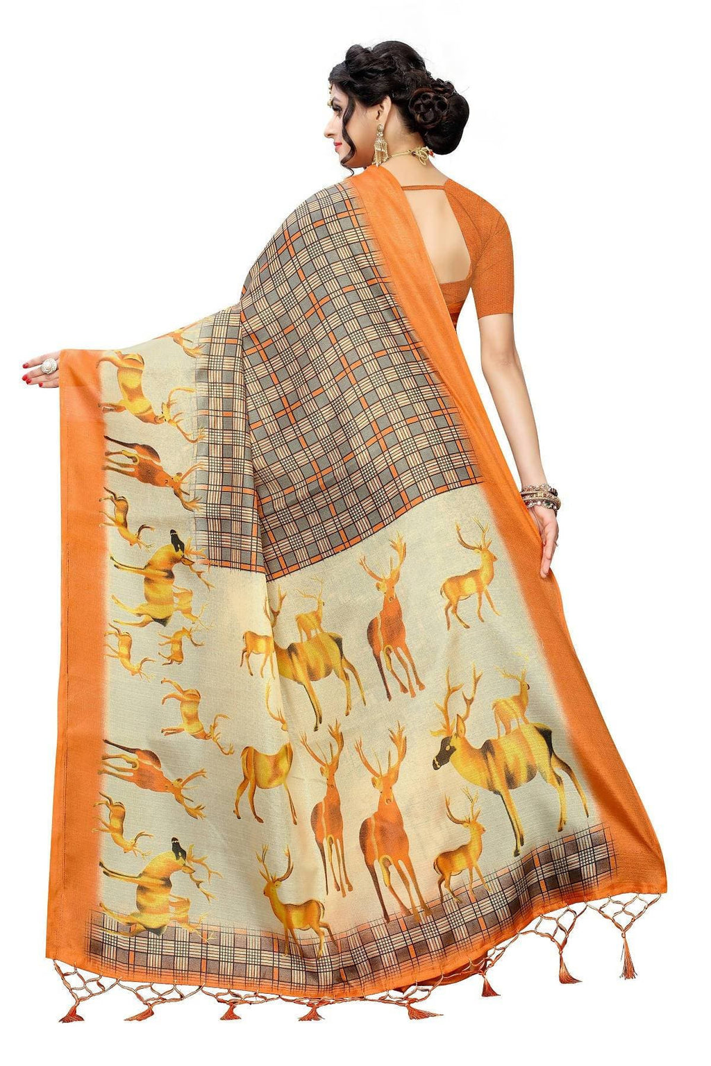 Vamika Multicolor Orange Kalamkari With Jhalar Khadi Silk Saree | Grocsy