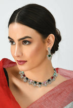 Mominos Fashion Johar Kamal Silver-Plated American Diamond Multi Colour Choker Set | Grocsy